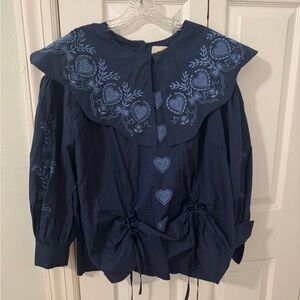 Navy Blue Embroidered Women's Blouse